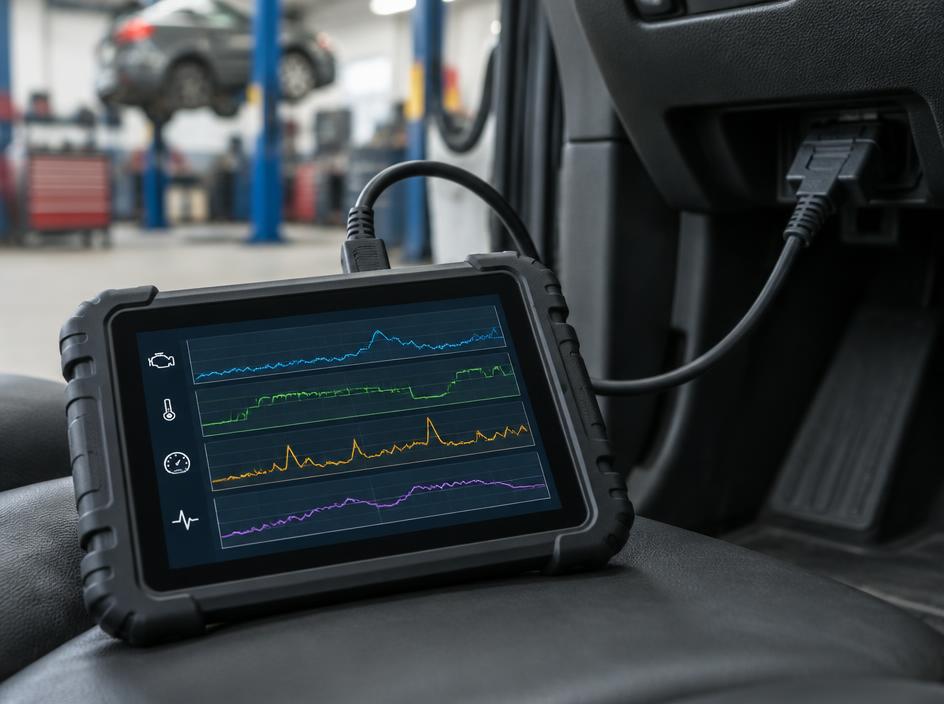 Diagnosetablet aangesloten op een auto